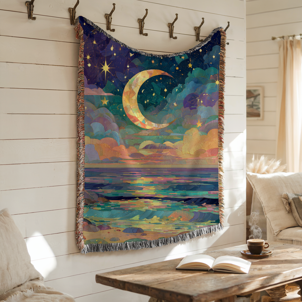 Abstract Beach Celestial Moon and Stars Woven Blanket - PoeticWovens