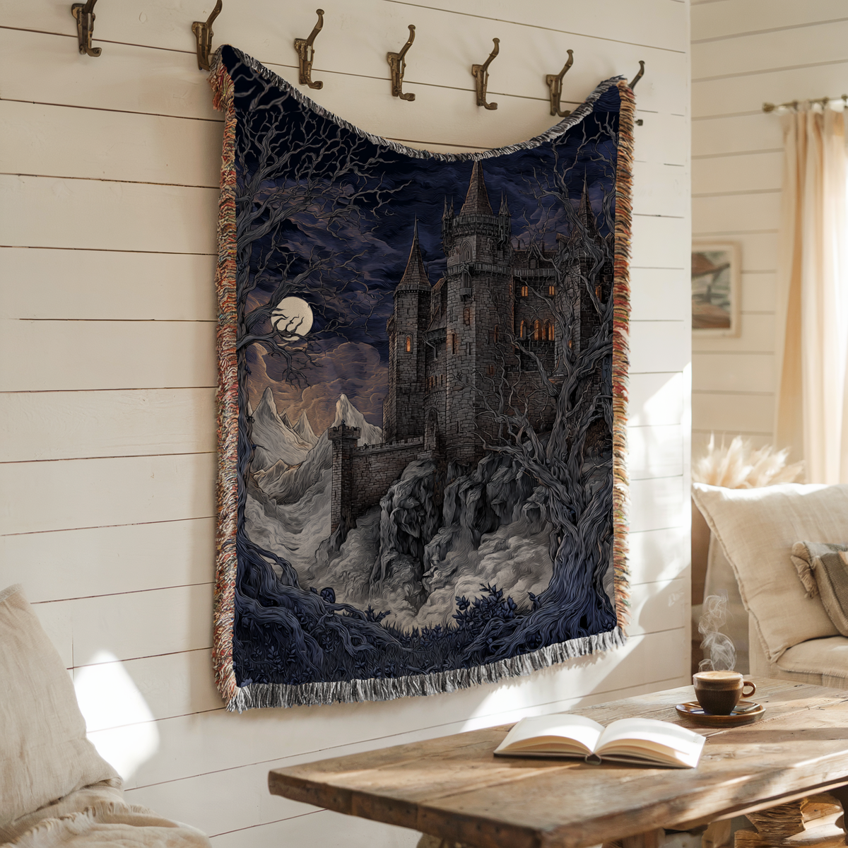Victorian Moonlit Night Castle Woven Blanket - PoeticWovens