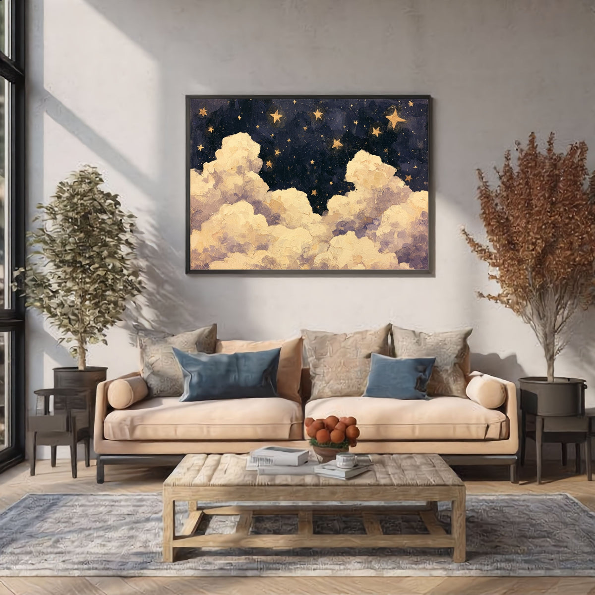 Blue Starry Night Clouds Painting - PoeticWovens