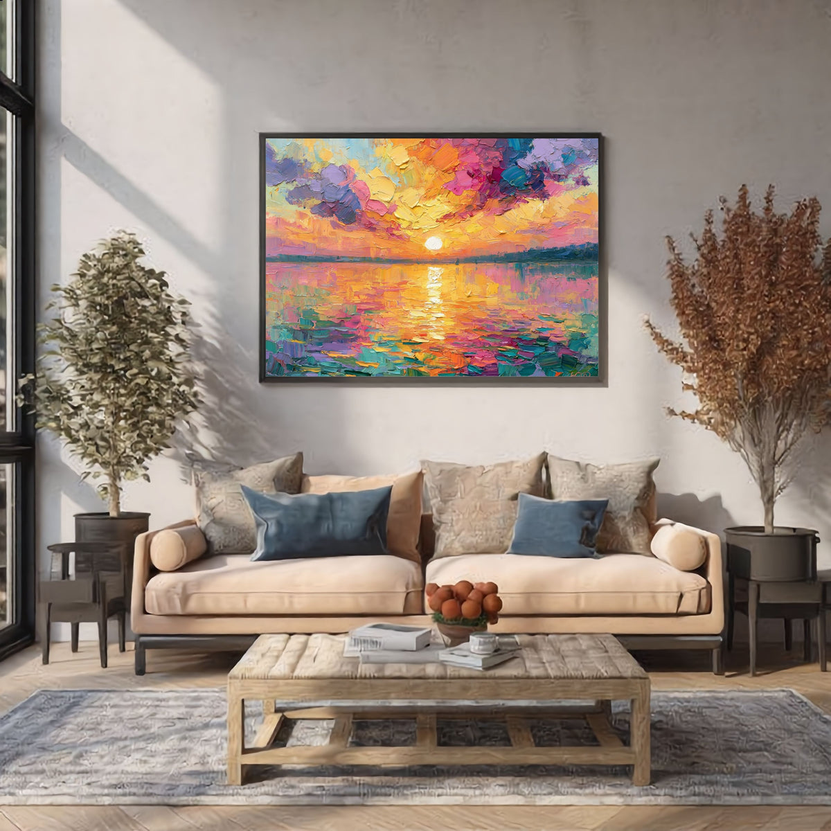 Framed Sunset Impasto Painting - PoeticWovens