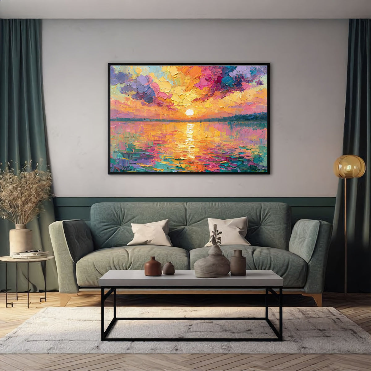 Framed Sunset Impasto Painting - PoeticWovens