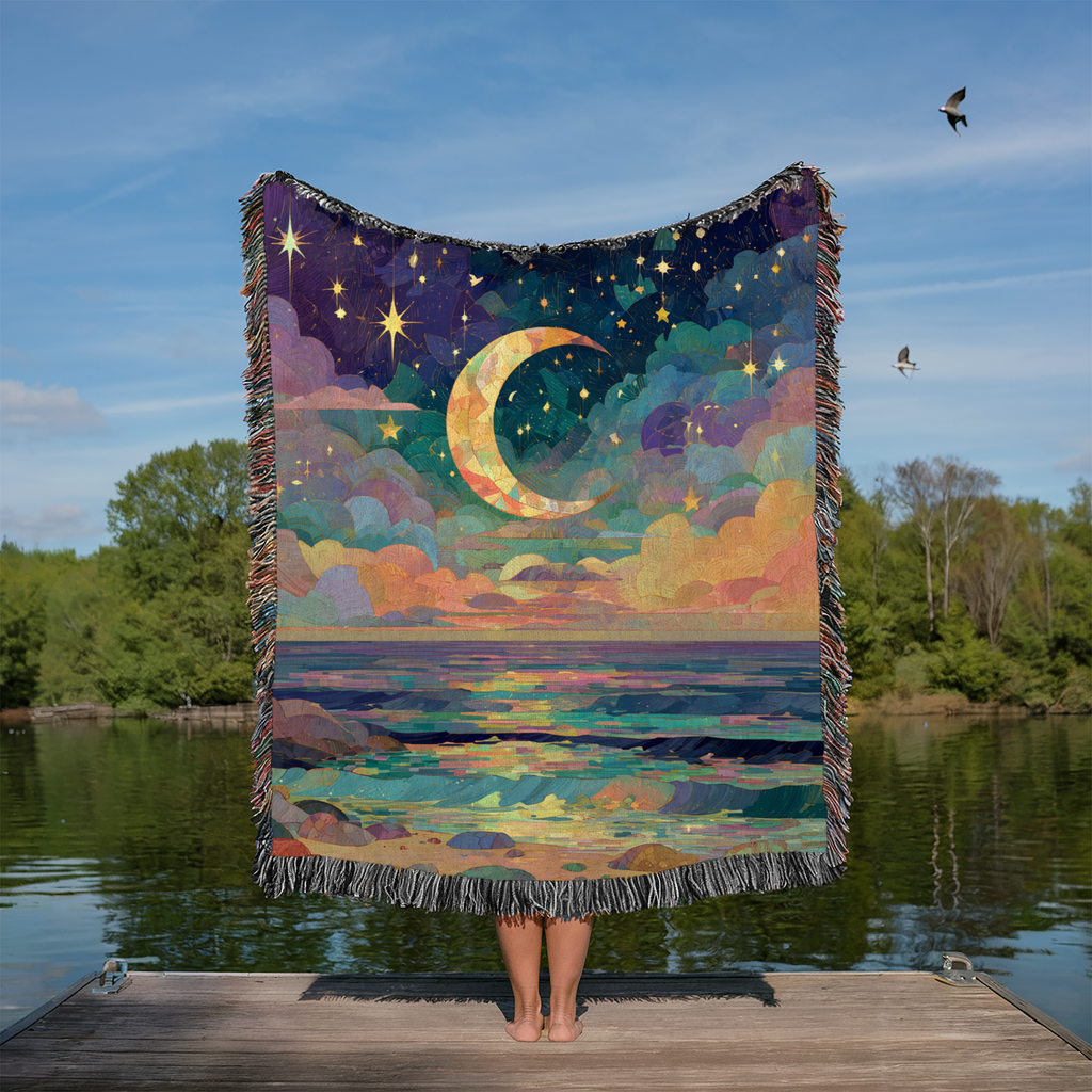 Abstract Beach Celestial Moon and Stars Woven Blanket - PoeticWovens