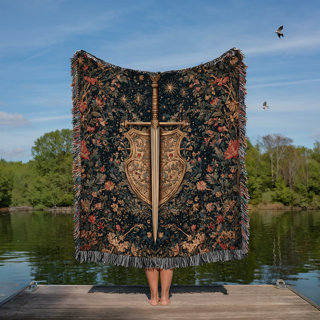Medieval Sword Floral Background Woven Blanket - PoeticWovens