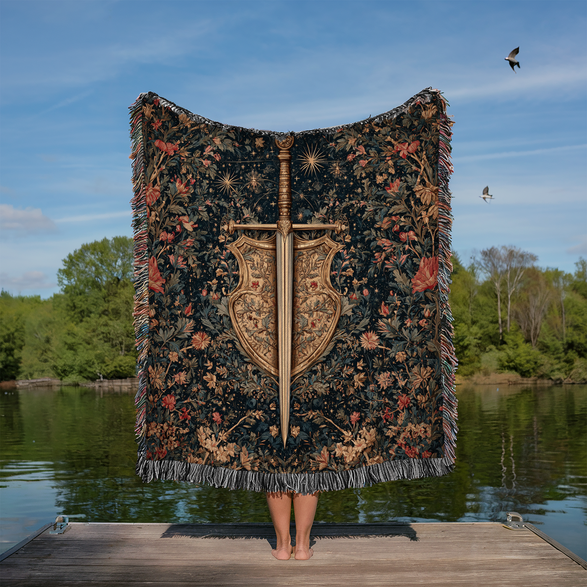 Medieval Sword Floral Background Woven Blanket - PoeticWovens