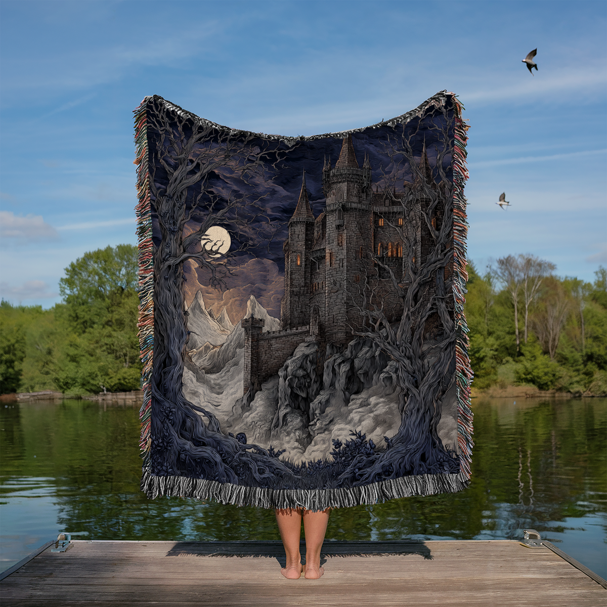 Victorian Moonlit Night Castle Woven Blanket - PoeticWovens