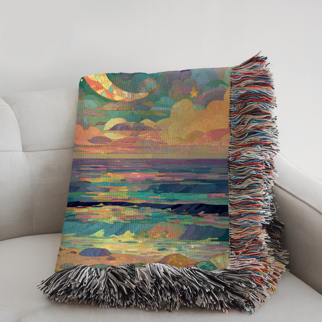 Abstract Beach Celestial Moon and Stars Woven Blanket - PoeticWovens