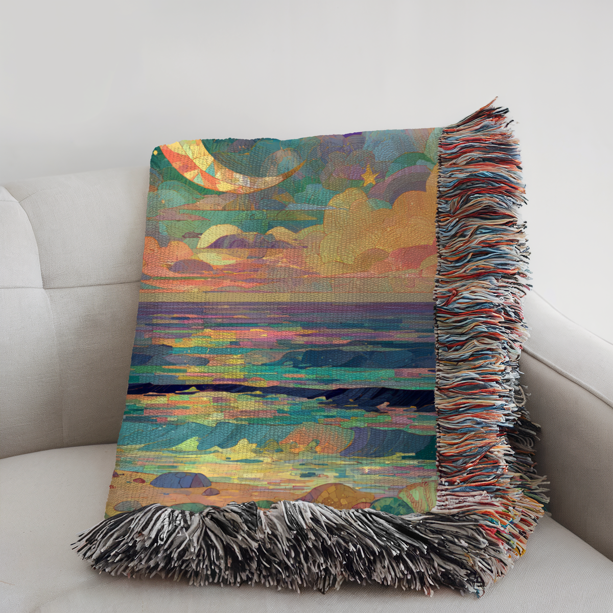 Abstract Beach Celestial Moon and Stars Woven Blanket - PoeticWovens
