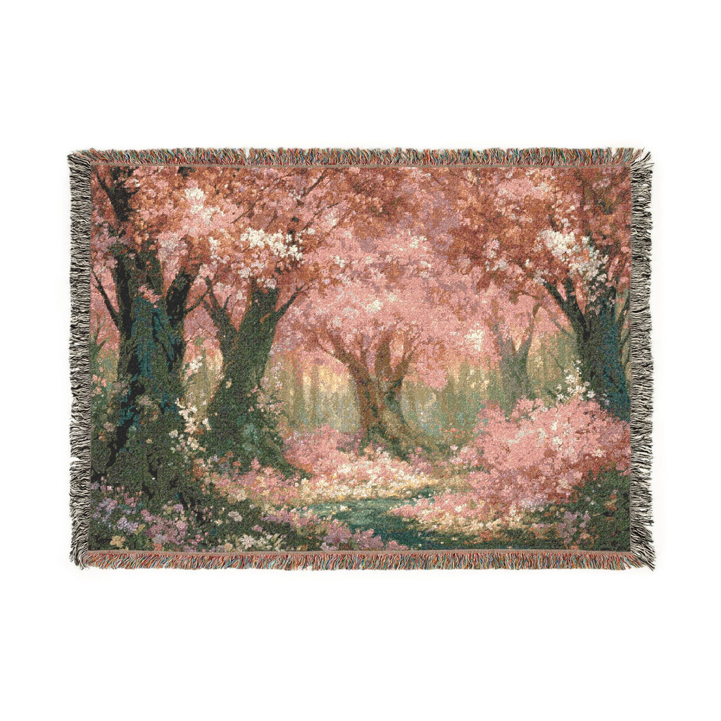 Cherry Blossom Forest Woven Blanket | Spring Floral Tapestry Throw - PoeticWovens