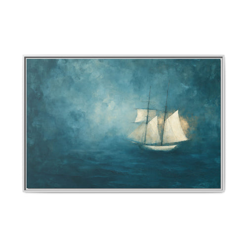 Abstract Blue Sea Coastal Sailboat Painting - PoeticWovens