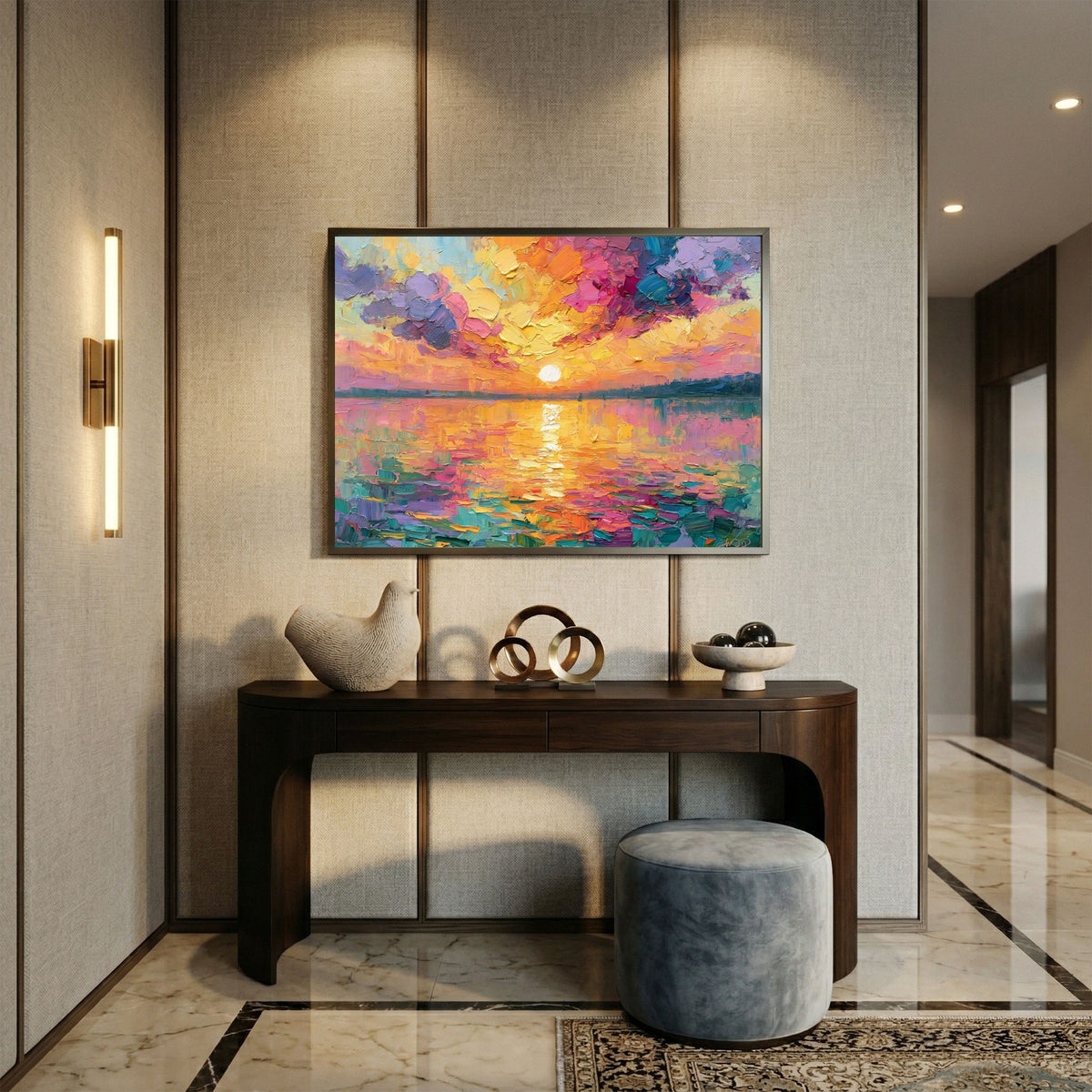 Framed Sunset Impasto Painting - PoeticWovens