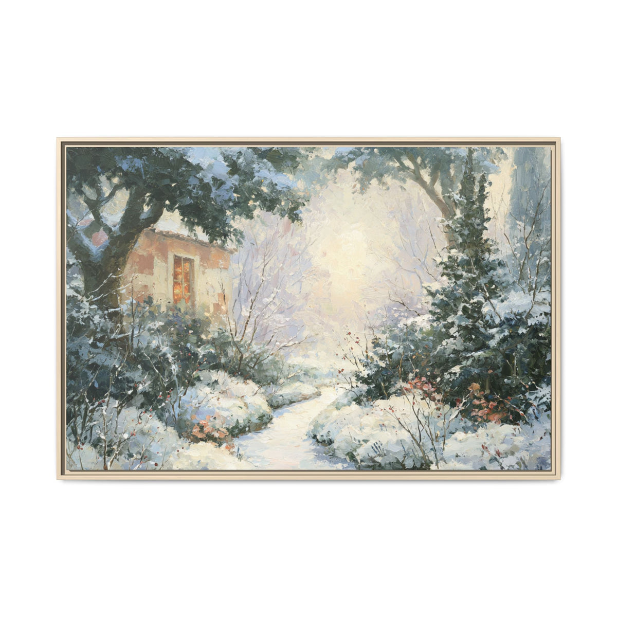 Cozy Winter Cottage Painting – Vintage Snowy Landscape Canvas Wall Art - PoeticWovens