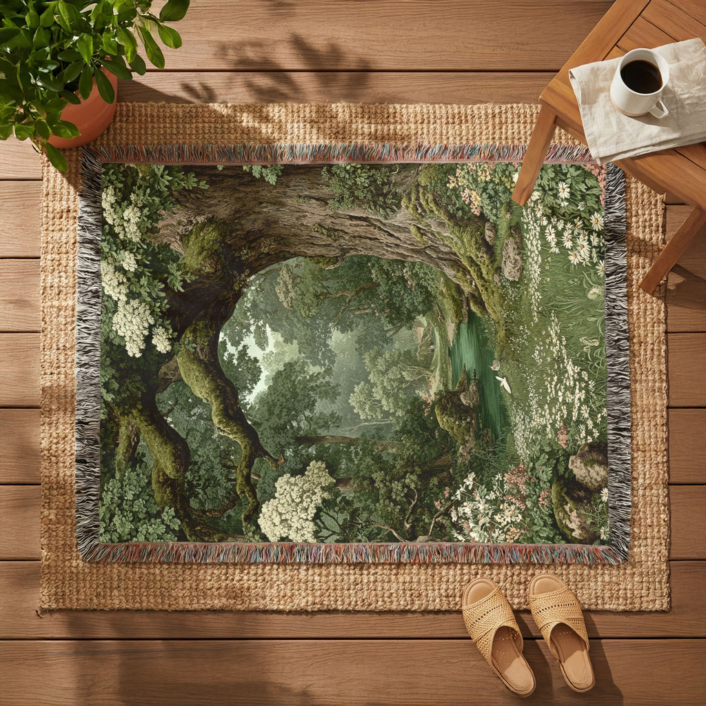 Floral Green Woodlands Woven Blanket - PoeticWovens