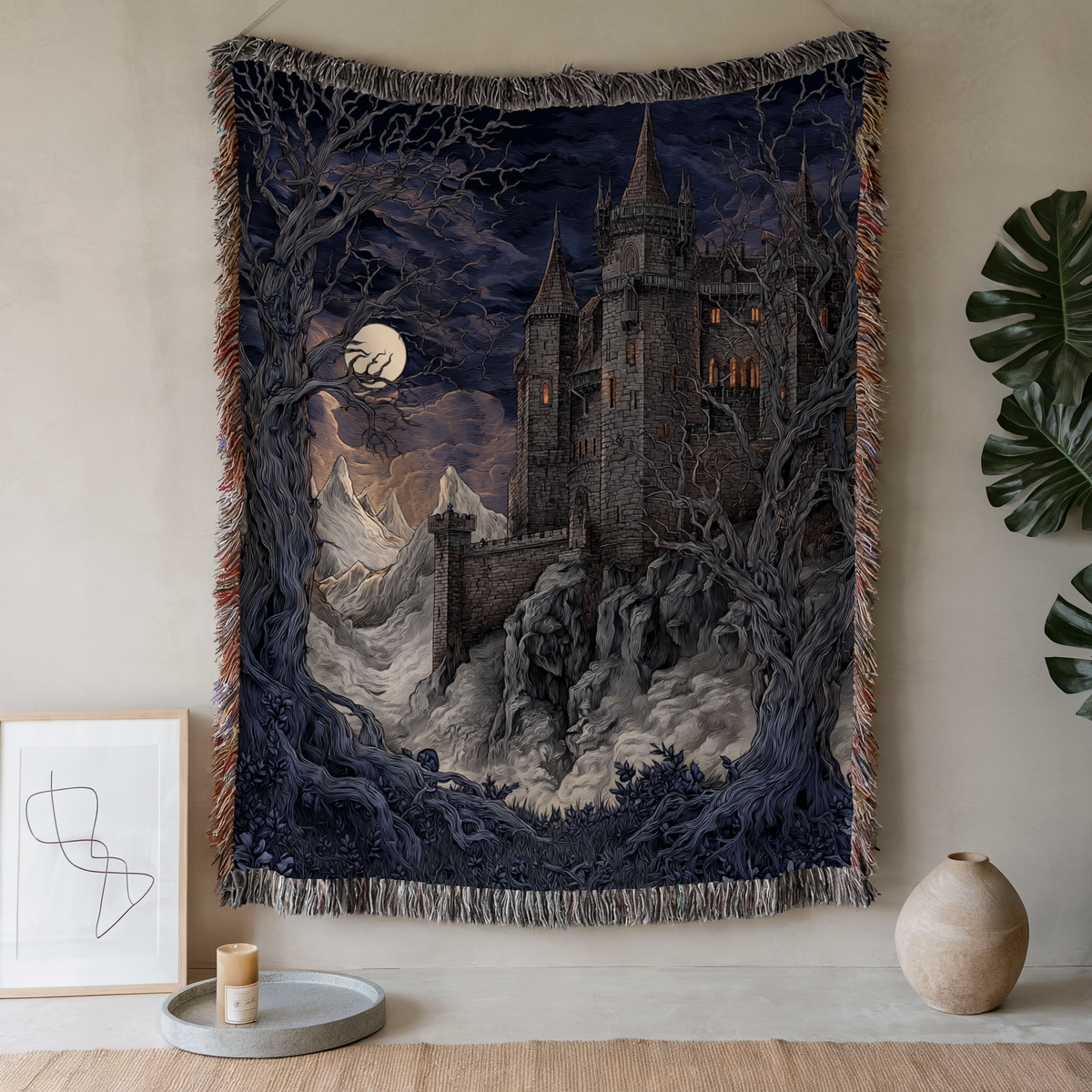Victorian Moonlit Night Castle Woven Blanket - PoeticWovens