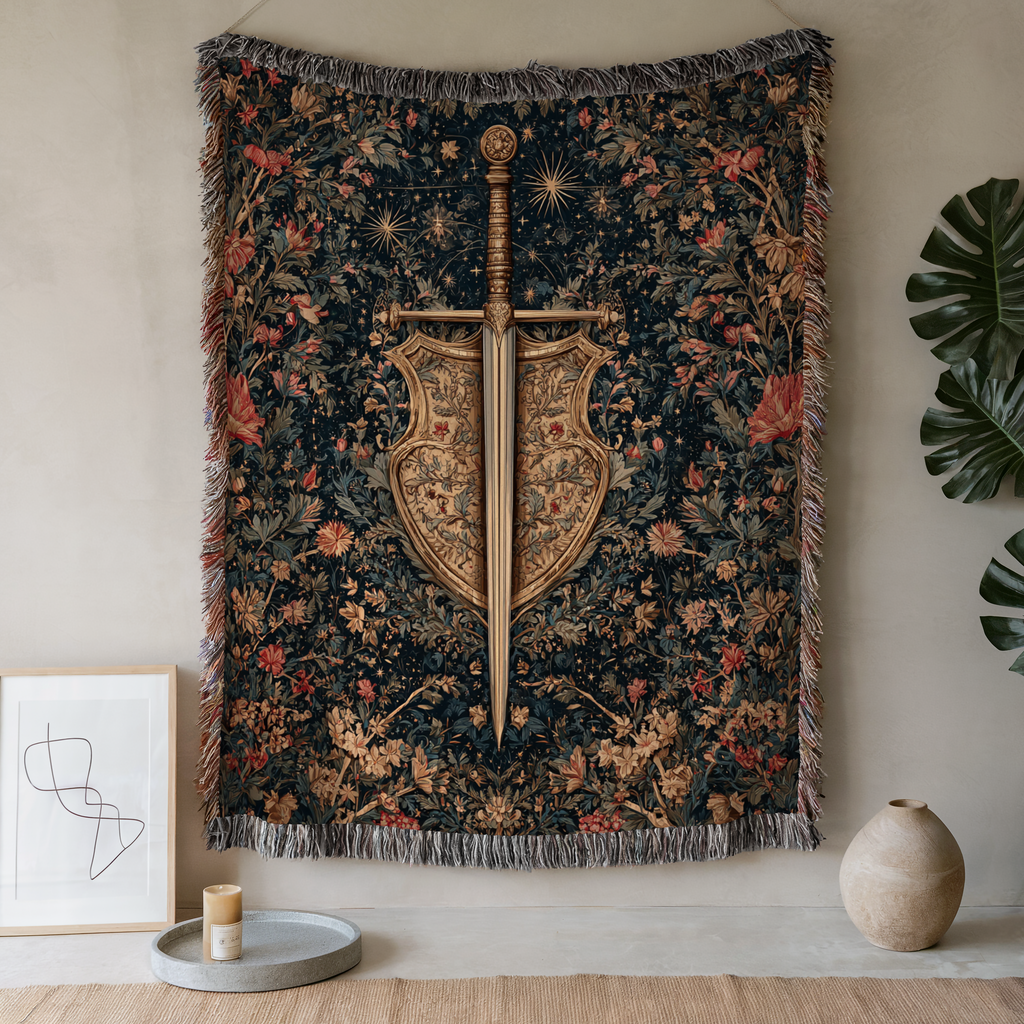 Medieval Sword Floral Background Woven Blanket - PoeticWovens