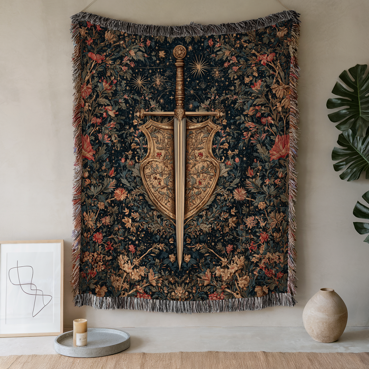 Medieval Sword Floral Background Woven Blanket - PoeticWovens