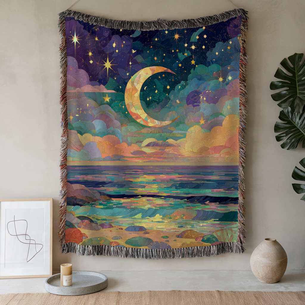 Abstract Beach Celestial Moon and Stars Woven Blanket - PoeticWovens