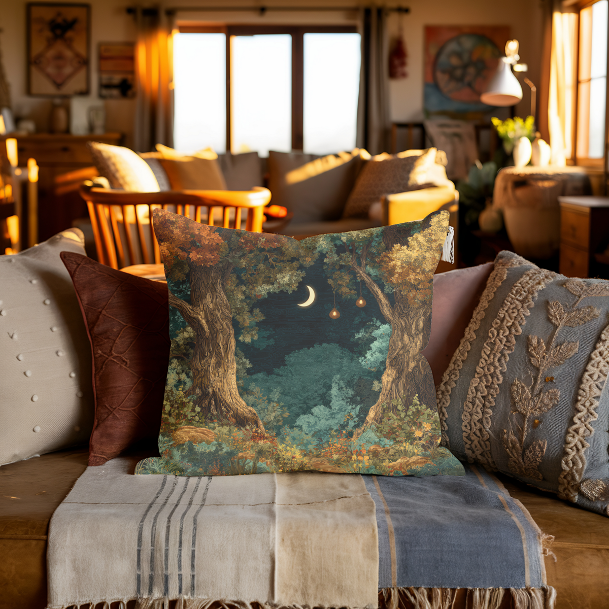 Crescent Moon Forest Pillow - PoeticWovens