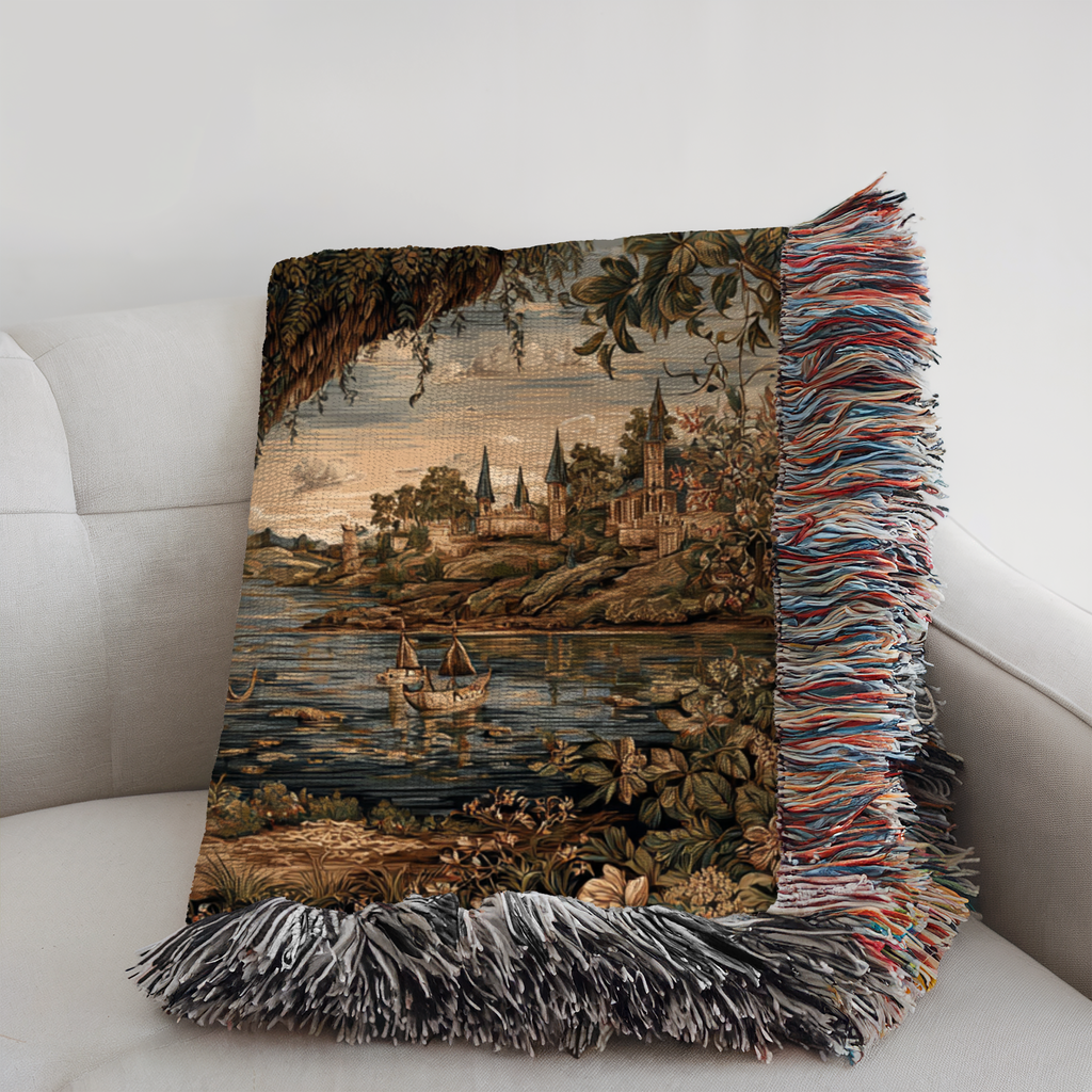 Vintage Medieval Floating Castle Woven Blanket - PoeticWovens