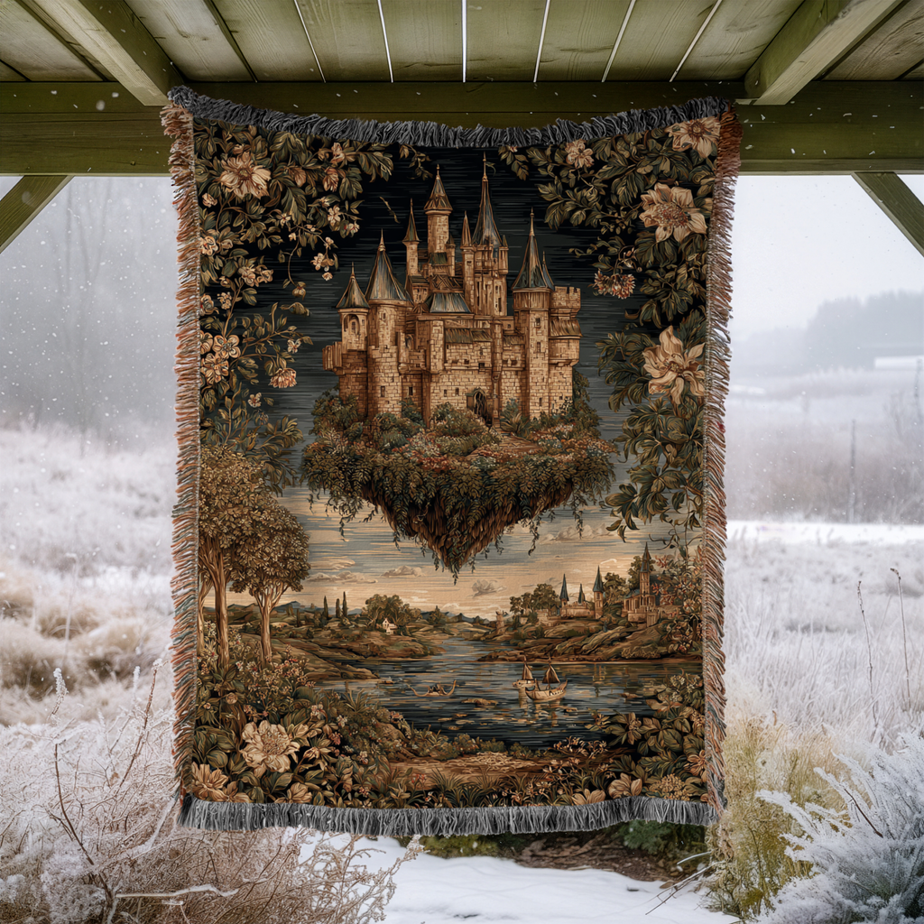 Vintage Medieval Floating Castle Woven Blanket - PoeticWovens