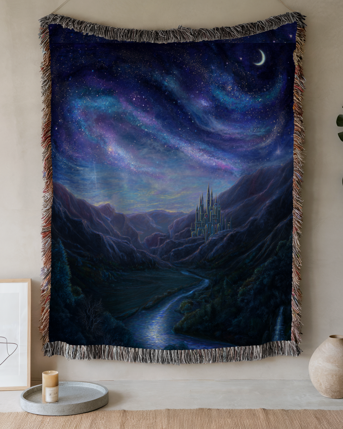 Starry Night Lone Castle Woven Blanket - PoeticWovens
