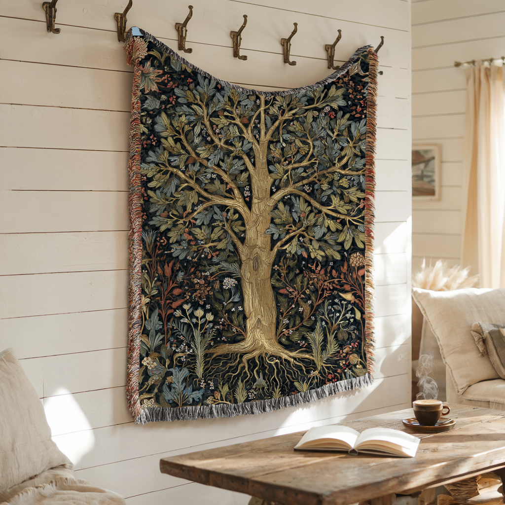 Floral Border Tree of Life Woven Blanket - PoeticWovens
