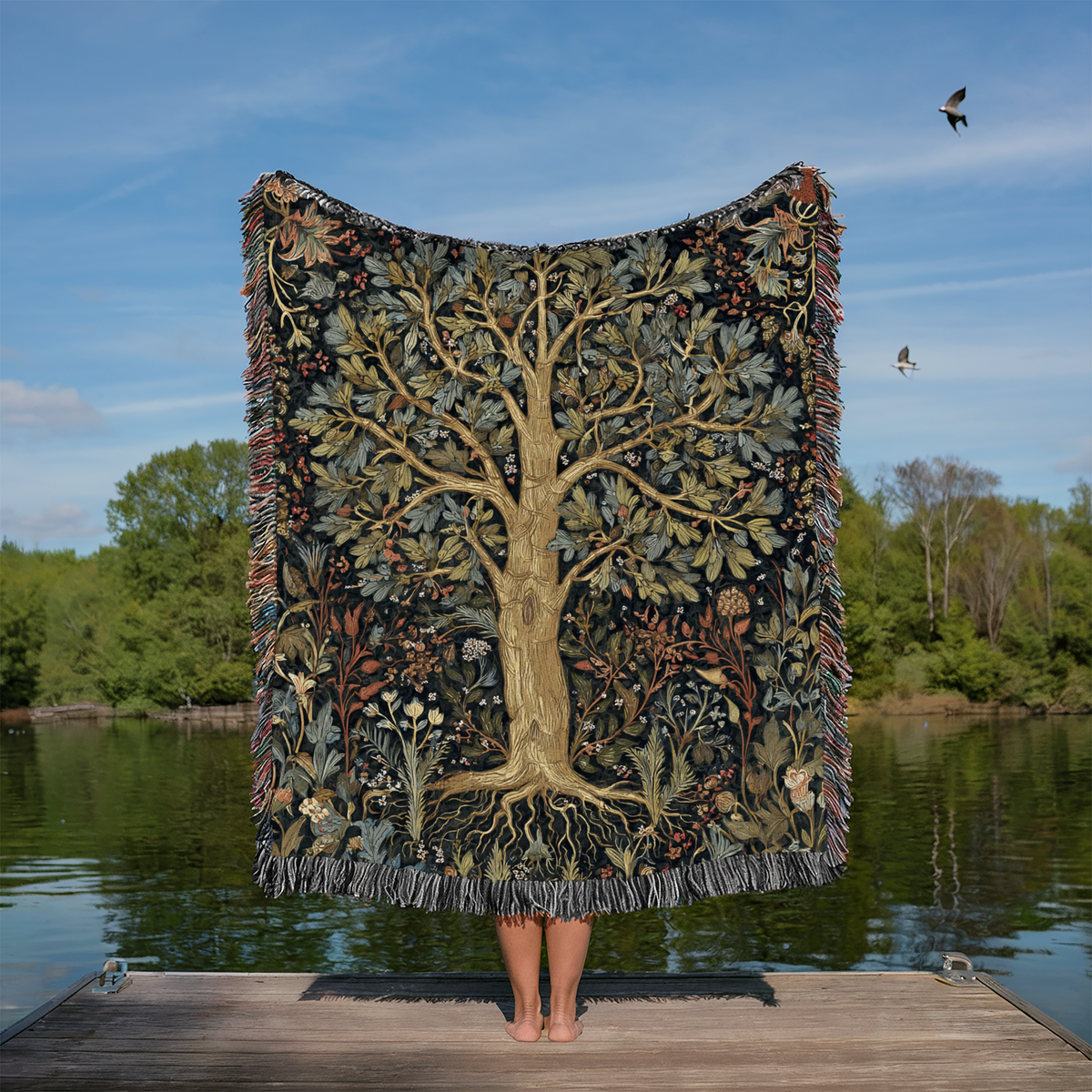 Floral Border Tree of Life Woven Blanket - PoeticWovens