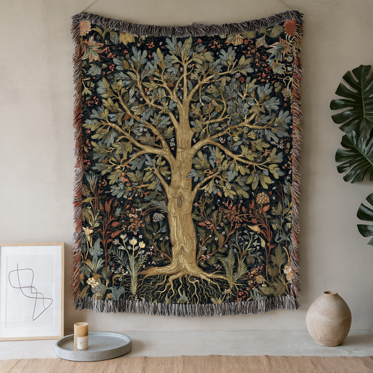 Floral Border Tree of Life Woven Blanket - PoeticWovens