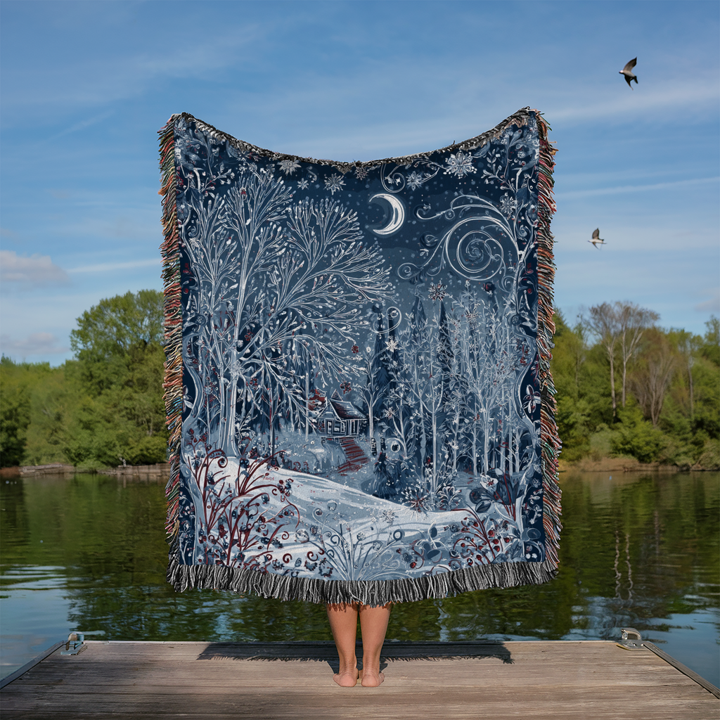 Blue Starry Night Landscape Woven Blanket - PoeticWovens
