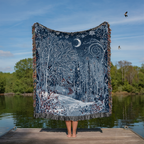 Blue Starry Night Landscape Woven Blanket - PoeticWovens