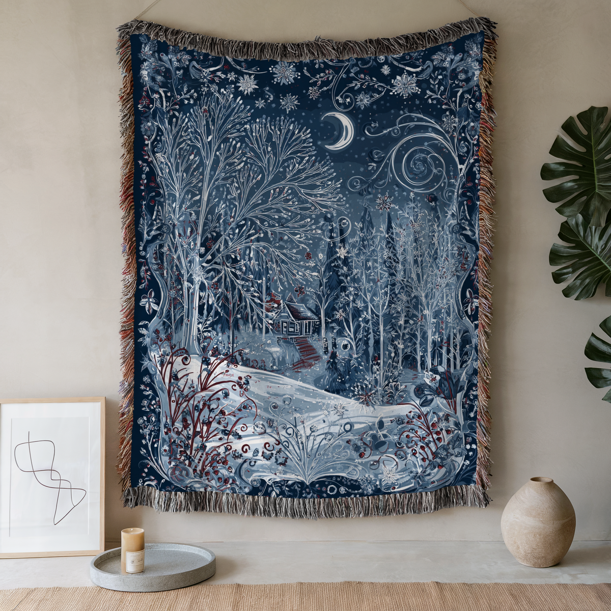 Blue Starry Night Sky Winter Woven Blanket Wall art Woven Tapestry
