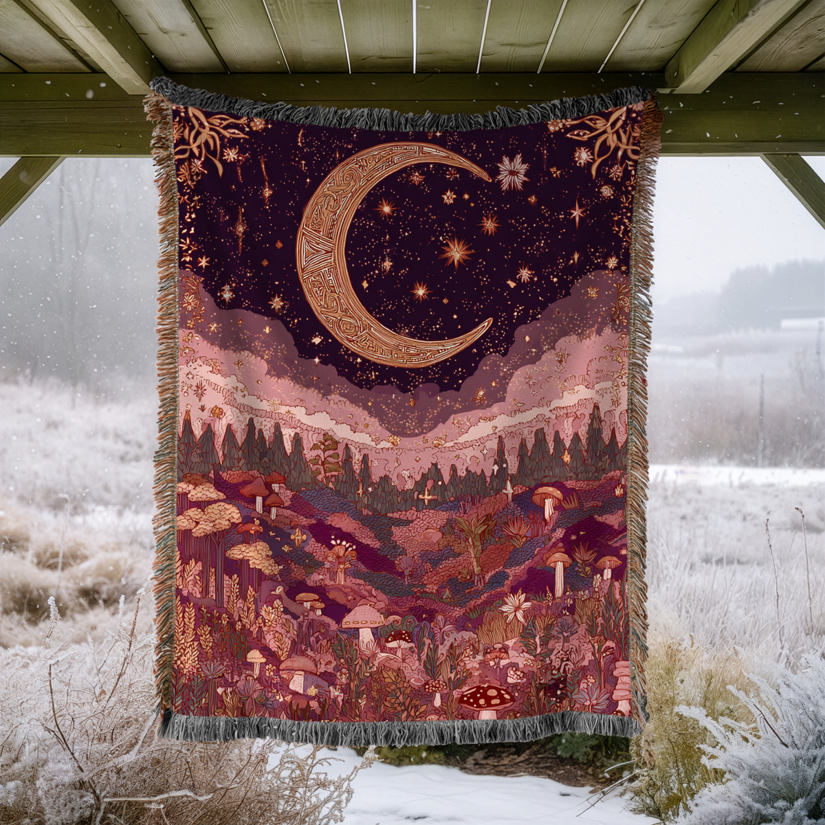 Pink Celestial Moon and Stars Woven Blanket - PoeticWovens