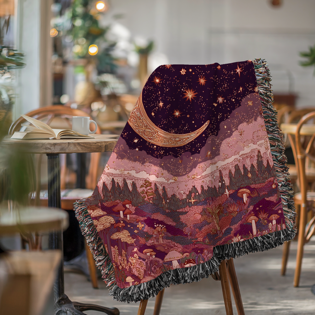 Pink Celestial Moon and Stars Woven Blanket - PoeticWovens