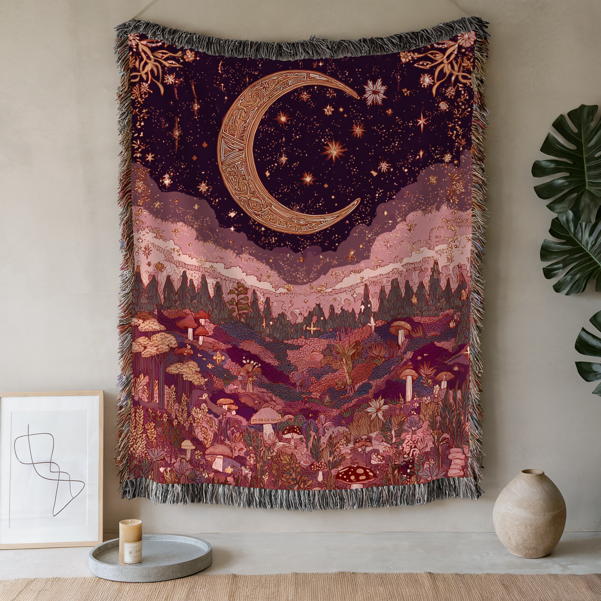 Pink Celestial Moon and Stars Woven Blanket - PoeticWovens