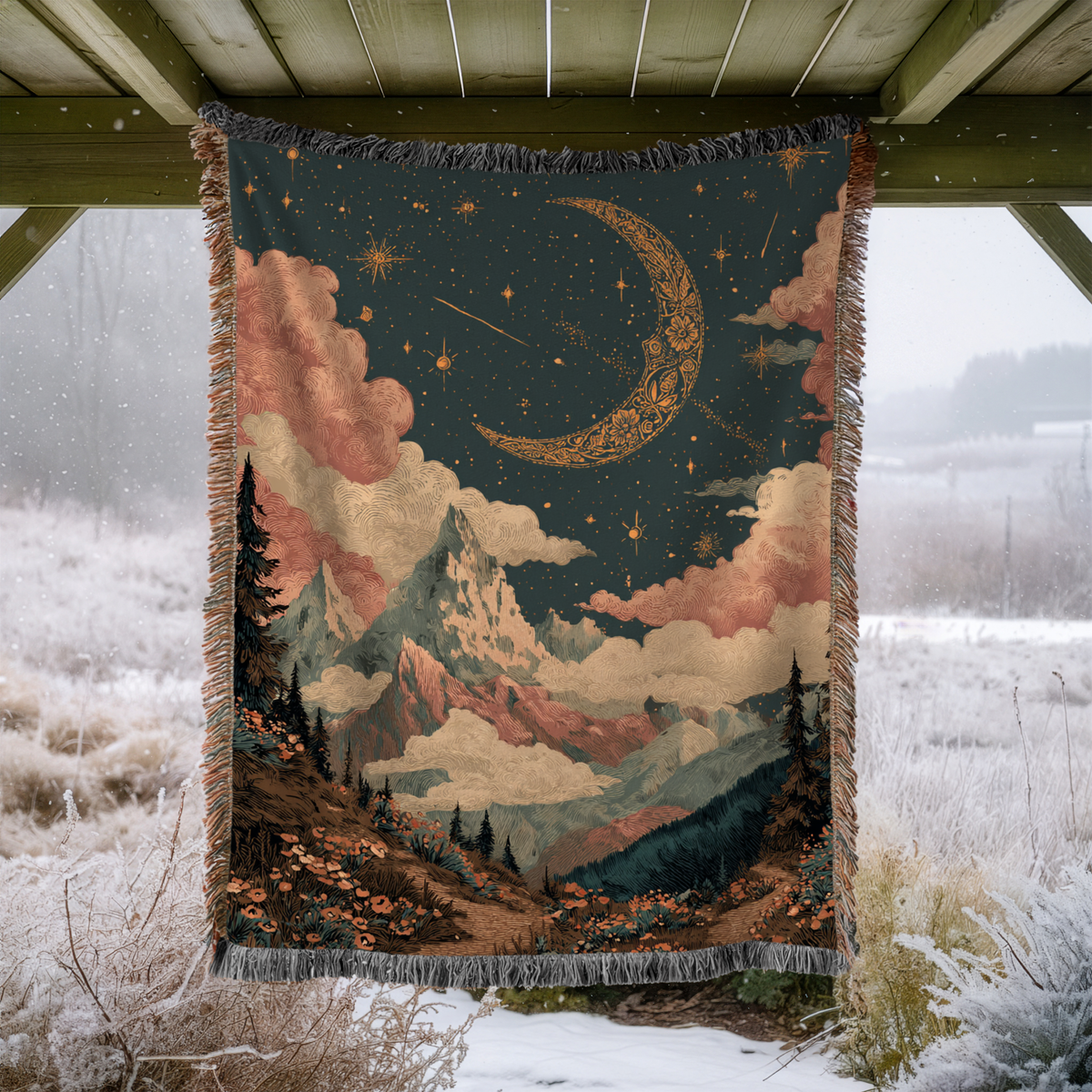 Celestial Pink and Blue Crescent Moon Woven Blanket - PoeticWovens