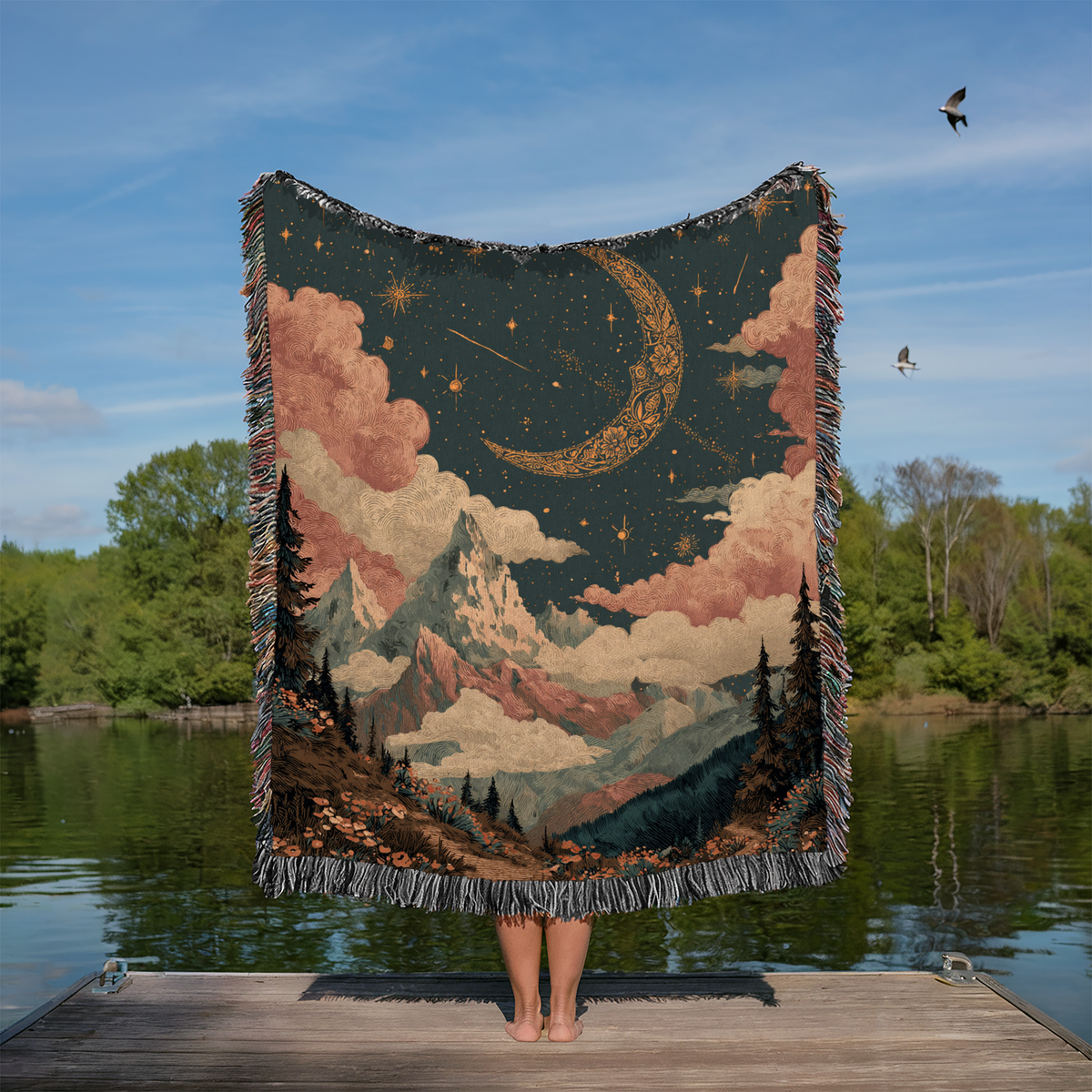 Celestial Pink and Blue Crescent Moon Woven Blanket - PoeticWovens