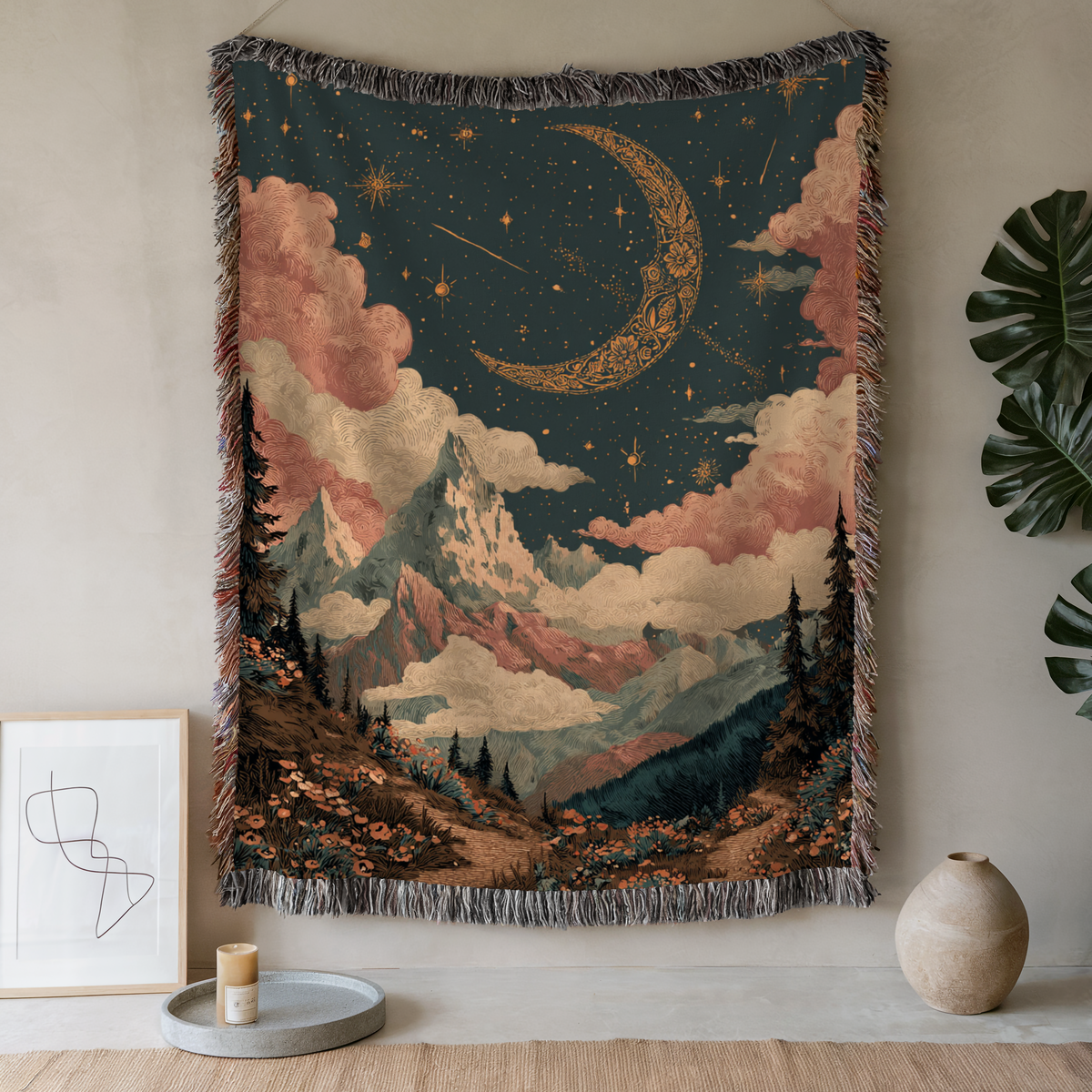 Celestial Pink and Blue Crescent Moon Woven Blanket - PoeticWovens