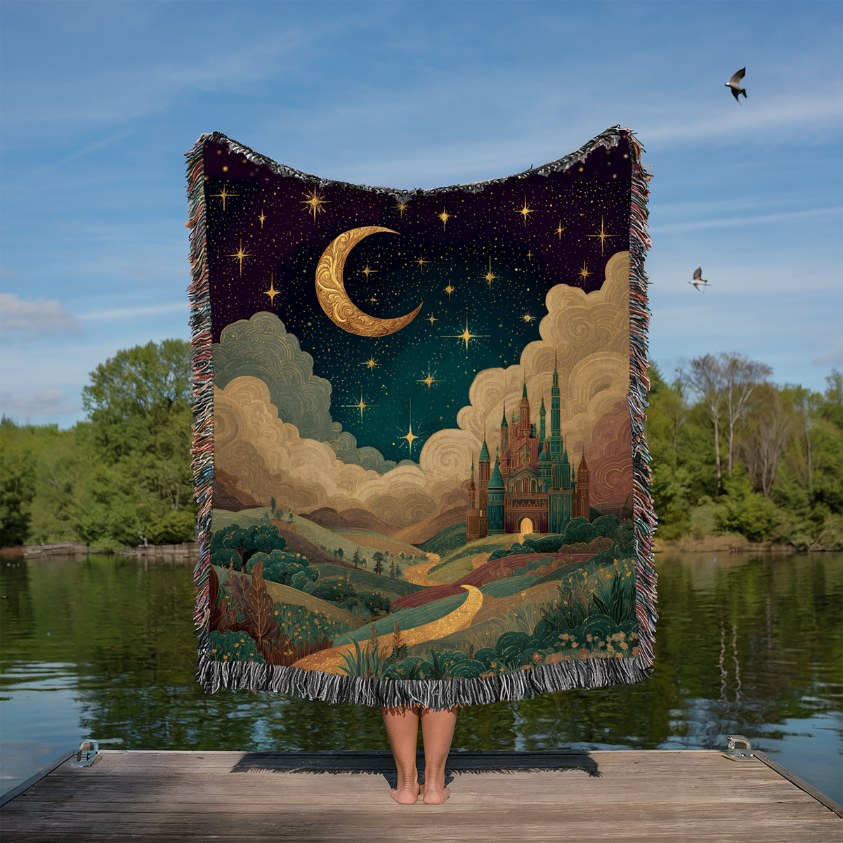 Crescent Colorful Animated Castles Nightscape Woven Blanket - PoeticWovens