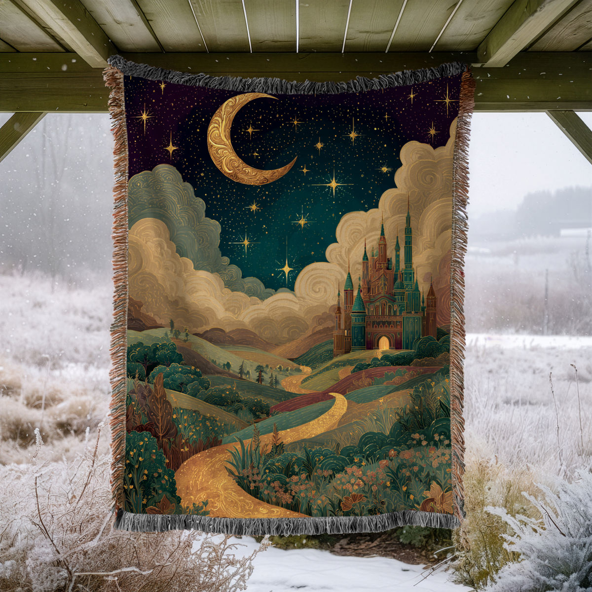 Crescent Colorful Animated Castles Nightscape Woven Blanket - PoeticWovens