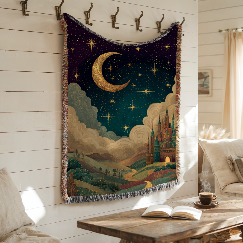 Crescent Colorful Animated Castles Nightscape Woven Blanket - PoeticWovens