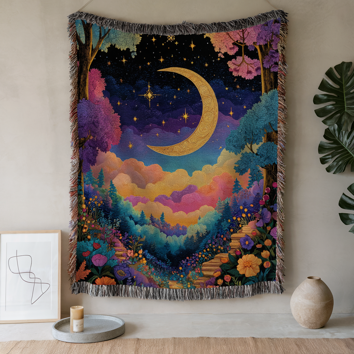 Multicolor Forest Celestial Crescent Moon - PoeticWovens