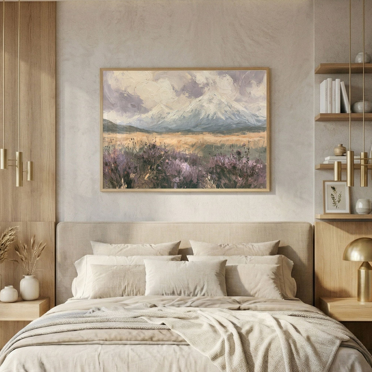 A beautifully styled modern bedroom featuring a large framed landscape painting of purple lavender fields and snow-capped mountains on the wall above a neatly made bed with beige linens. The room is decorated with light wood shelving, pendant lights, and a large window on the left.