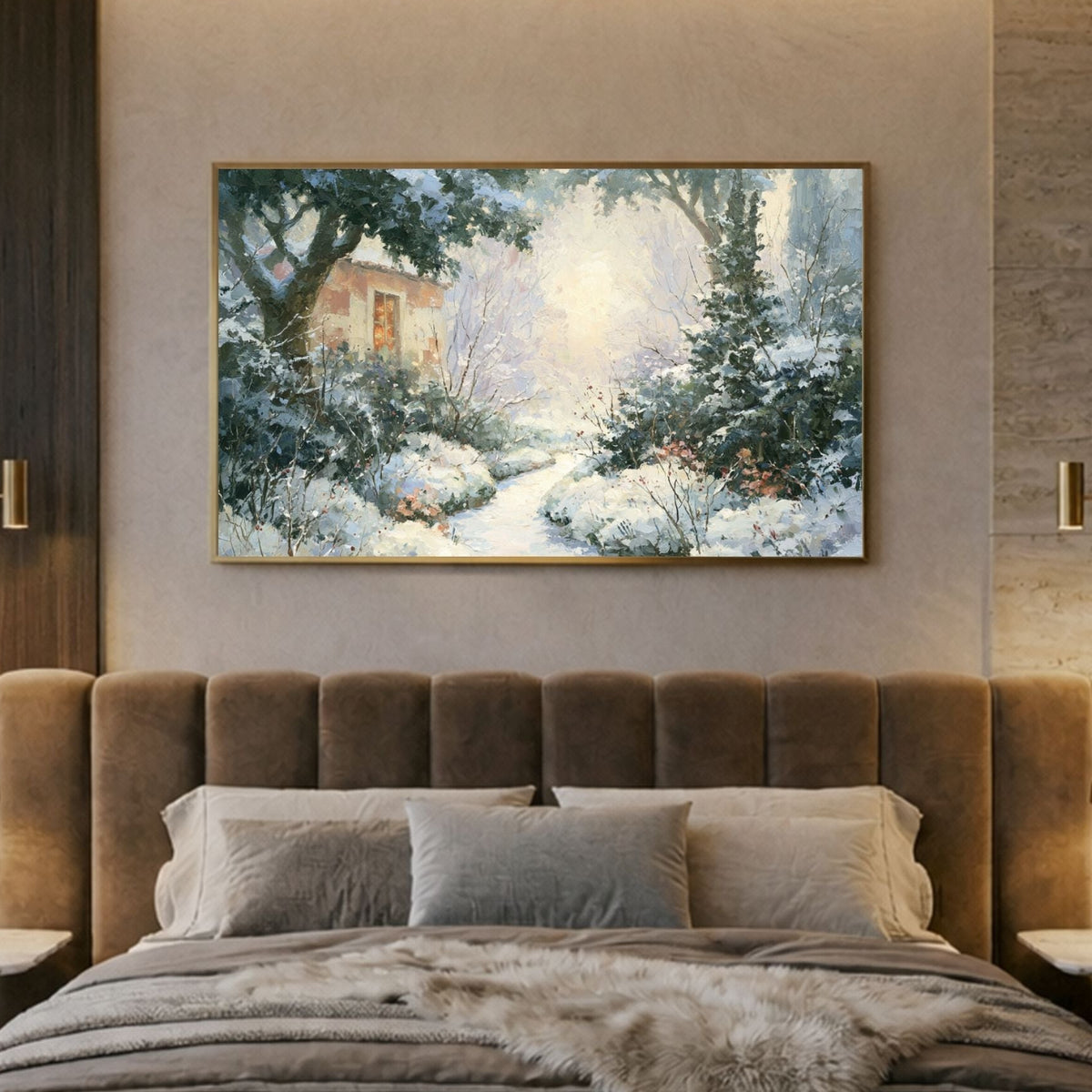 Cozy Winter Cottage Painting, Vintage Wall Art, Snowy Landscape Print, Rustic French Country Decor, Antique seasonal Canvas