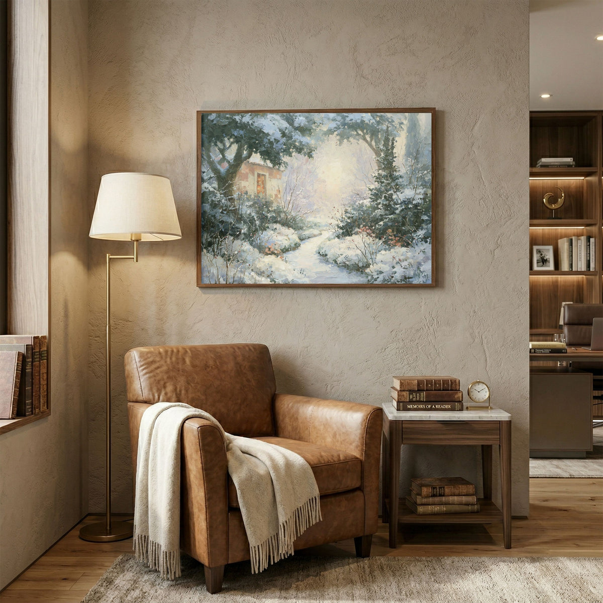 Cozy Winter Cottage Painting – Vintage Snowy Landscape Canvas Wall Art - PoeticWovens