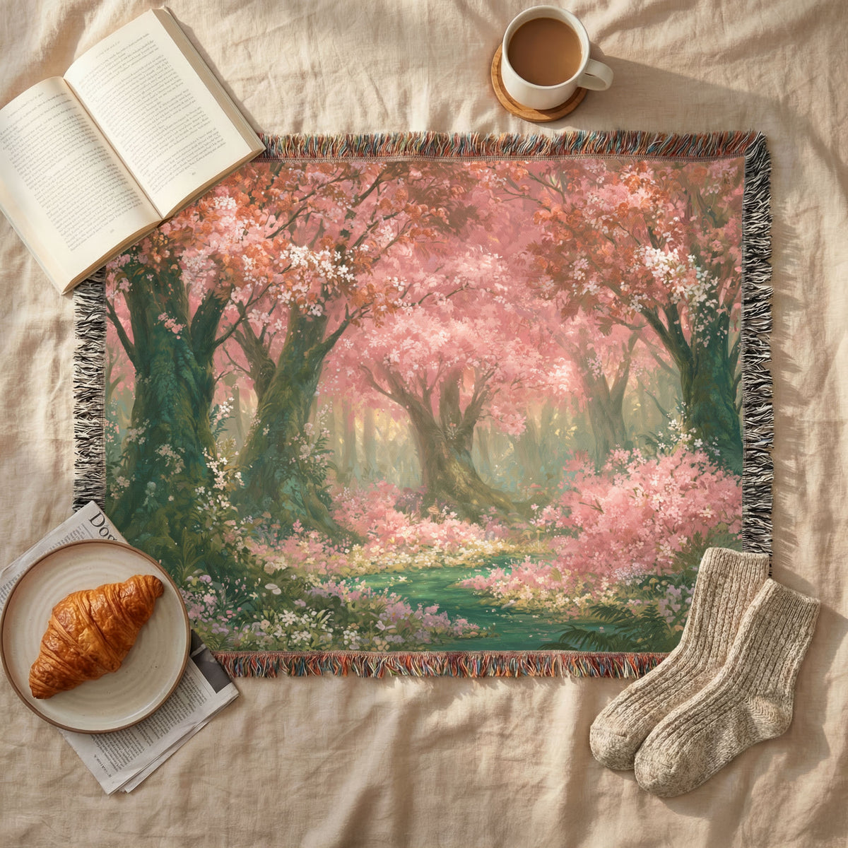 Cherry Blossom Forest Woven Blanket | Spring Floral Tapestry Throw - PoeticWovens
