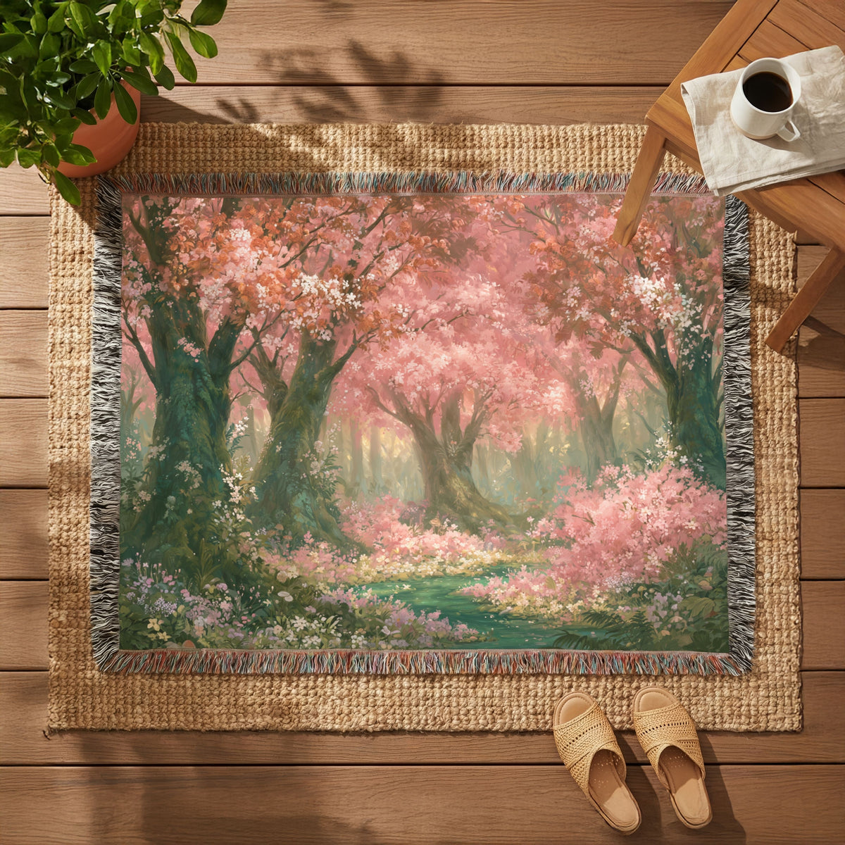 Cherry Blossom Forest Woven Blanket | Spring Floral Tapestry Throw - PoeticWovens