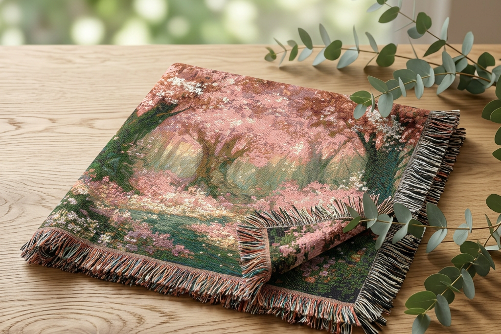 Cherry Blossom Forest Woven Blanket | Spring Floral Tapestry Throw - PoeticWovens
