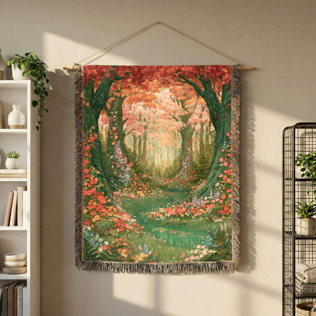 Abstract Forest Autumn Themed Woven Blanket | Tapestry Throw, Nature-Inspired - PoeticWovens