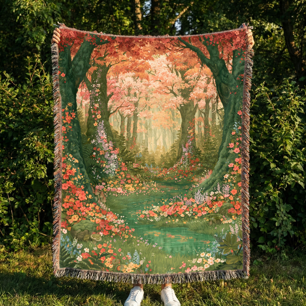 Abstract Forest Autumn Themed Woven Blanket | Tapestry Throw, Nature-Inspired Living room wall art
