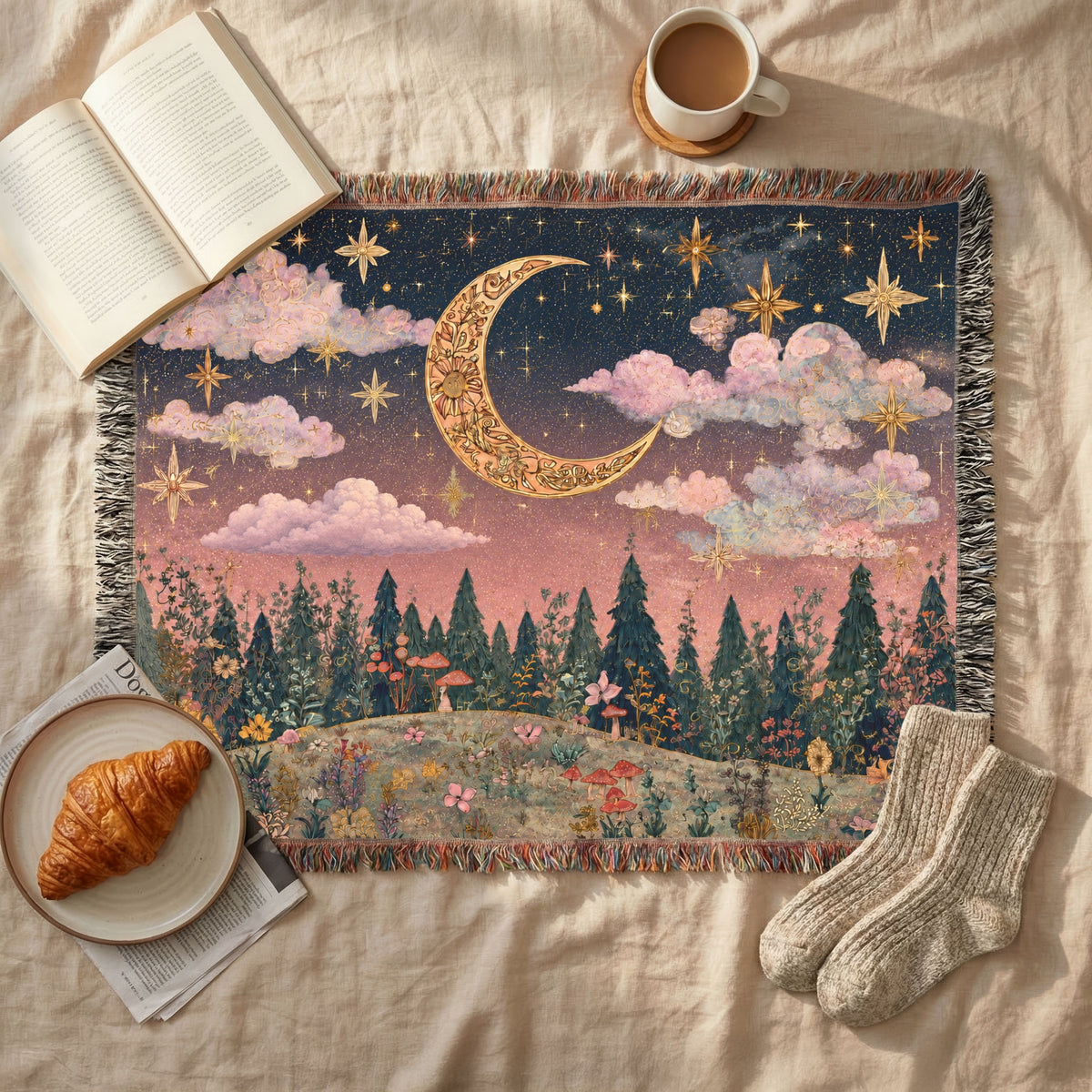 Landscape Crescent Moon Nightscape - PoeticWovens