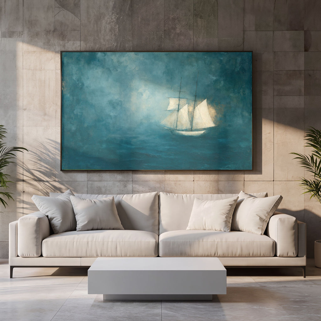 Abstract Blue Sea Coastal Sailboat Painting - PoeticWovens